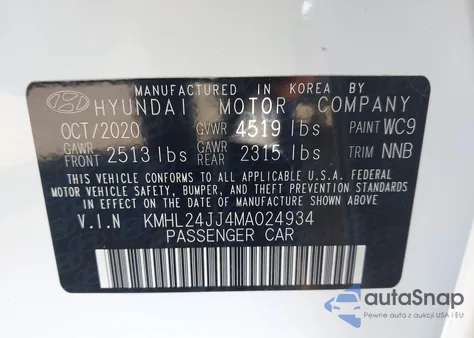 2021 Hyundai Sonata Blue z USA, uszkodzony, nr VIN KMHL24JJ4MA024934